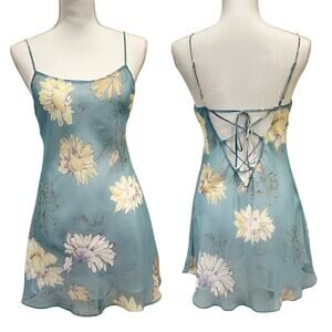 Jones NY Vintage Y2K Blue Floral Lace-Up Mini Slip Dress Lingerie Doll Coquette